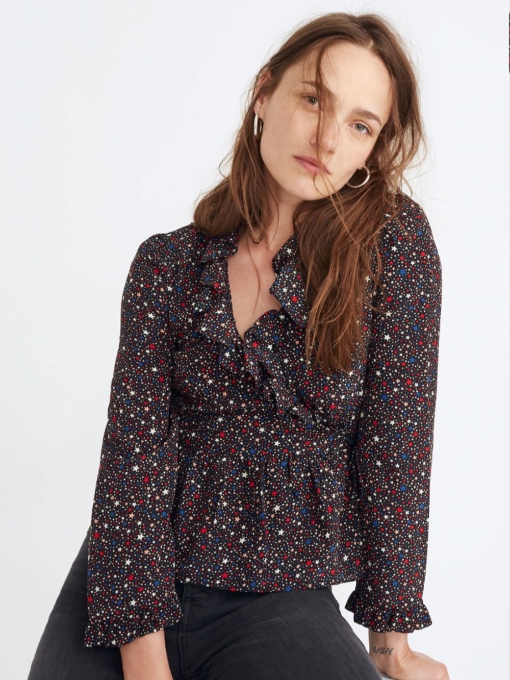 Madewell Silk Ruffle-Hem Wrap Top in Starry Night XS